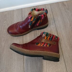 Rieker Red Leather Multicolor Knit Trim Fur Lined Boots Womens 8.5 40